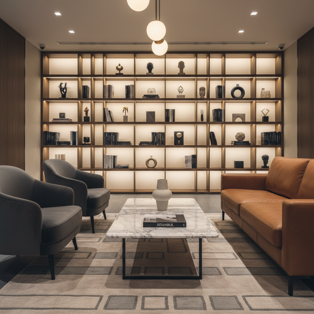 An intimate photographic realism scene of the hotel lobby lounge at XLoft Hotel Istanbul, centered on a low, marble-topped coffee table with a subtle veining pattern, holding a single contemporary ceramic vase and a hardbound art book about Istanbul. Surrounding the table are deep charcoal velvet armchairs and a cognac leather sofa, arranged on a soft, hand-knotted rug in neutral tones. Behind, a tall, backlit shelving wall displays carefully curated objects and a few design books. Warm pendant lighting and recessed ceiling lights create layered, ambient illumination, with gentle highlights on the marble and soft shadows under the furniture. Captured at eye level with a rule-of-thirds composition, the mood is sophisticated, quiet, and inviting, perfect for conveying boutique elegance.