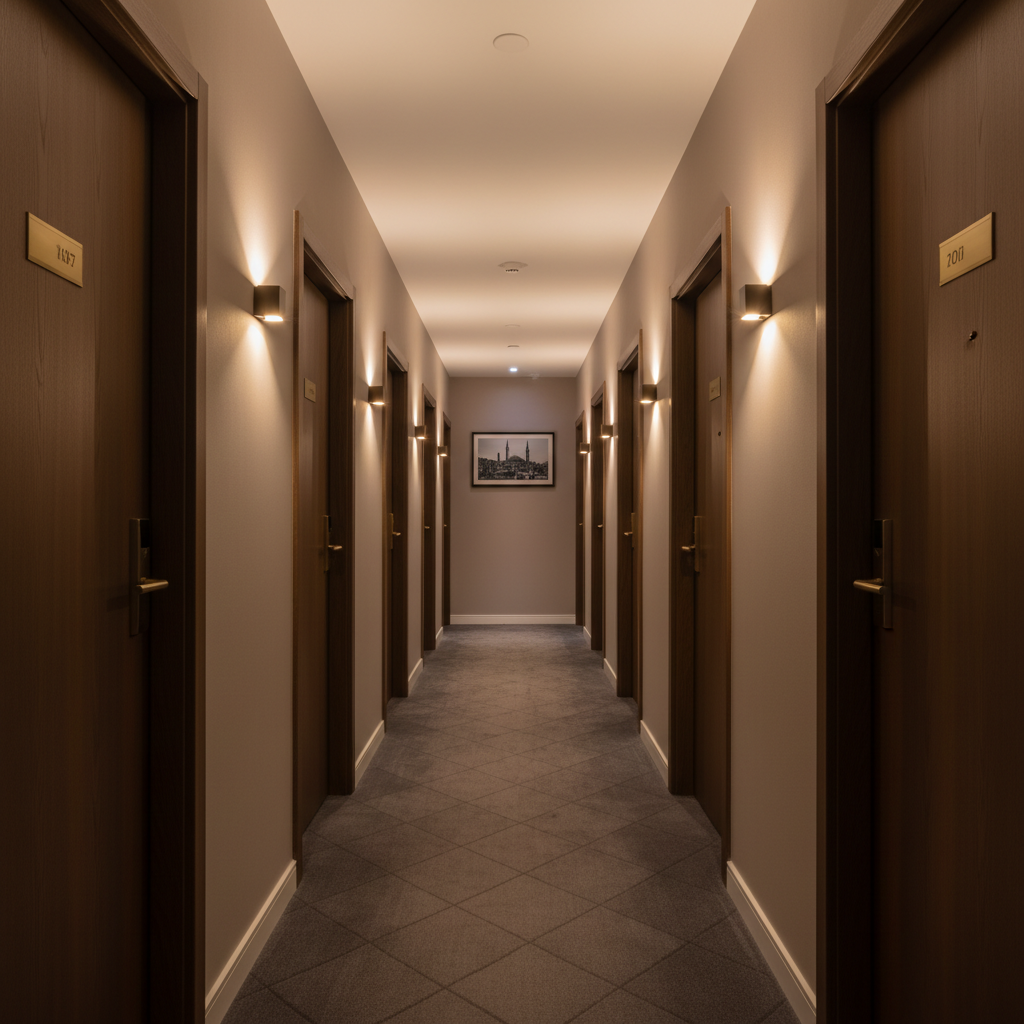A high-floor corridor view inside XLoft Hotel Istanbul, showcasing a long, elegantly proportioned hallway with only twenty evenly spaced, matte-wood guest room doors accented by slim brushed-brass numbers and handles. The corridor is lined with soft taupe walls, discreet wall sconces that cast upward and downward warm light, and a plush, charcoal runner with a subtle geometric pattern. At the far end, a small framed monochrome photograph of old Istanbul provides a focal point. The lighting is primarily warm artificial with no windows, creating a hushed, refined ambiance. Shot with a centered, vanishing-point composition and sharp focus throughout, the photographic realism emphasizes order, quiet, and boutique exclusivity.