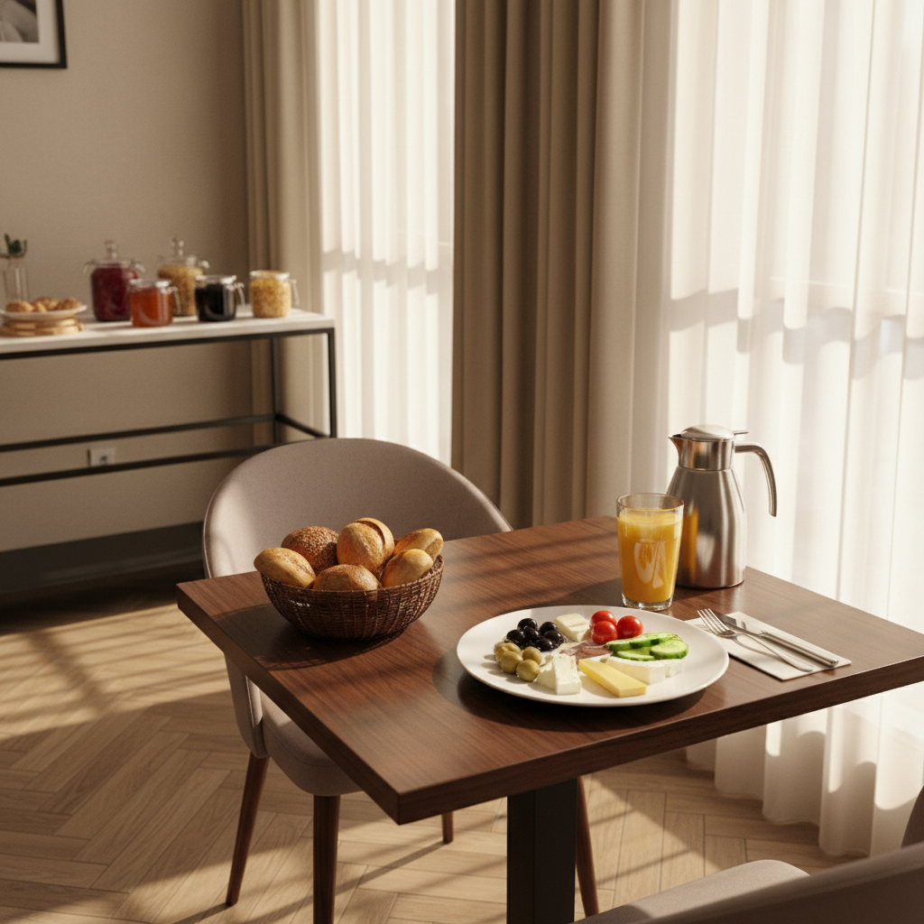A refined breakfast setup in XLoft Hotel Istanbul’s small dining area, focusing on a dark walnut bistro table set for one: a white porcelain plate with a delicate Turkish breakfast assortment of olives, cheeses, tomatoes, and bread, beside a clear glass of freshly squeezed orange juice and a stainless-steel coffee pot. The table rests on herringbone wood flooring, near a large window framed by sheer ivory curtains. Soft morning sunlight streams in, catching the rim of the glass and creating gentle reflections on the polished table surface. In the softly blurred background, a minimalist buffet counter with matte black fixtures and neatly arranged jars of jams and cereals adds context. Photographic realism, captured from a slightly elevated angle, with a calm, unhurried, sophisticated atmosphere.