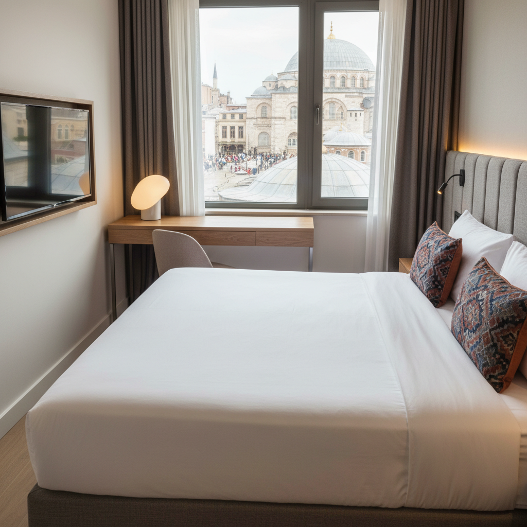 A meticulously styled XLoft Hotel Istanbul guest room featuring a low-profile king bed with crisp white linens, a textured dove-gray headboard, and accent cushions in muted terracotta and deep blue inspired by Istanbul tiles. The bed faces a slim, wall-mounted smart TV and a sleek oak writing desk with a single sculptural lamp. A floor-to-ceiling window reveals a softly blurred hint of the Grand Bazaar rooftops. Soft, diffused afternoon light fills the space, complemented by warm LED strip lighting behind the headboard, creating a serene, cocoon-like atmosphere. Shot from a slightly elevated corner angle with shallow depth of field, the photographic realism emphasizes refined materials, calm color palette, and boutique sophistication.