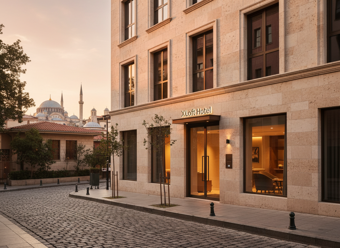 A wide, photographic realism shot of the XLoft Hotel Istanbul exterior, a refined mid-rise stone façade with dark bronze-framed windows and a minimalist illuminated sign reading “XLoft Hotel” above a glass entry. The building sits on a quiet, cobbled Beyazıt side street, with glimpses of historic domes and rooftops in the softly blurred background. Warm golden hour light grazes the façade, accentuating subtle textures in the stone and casting elongated, elegant shadows. Through the glass doors, a hint of the chic lobby glows invitingly. Captured at eye level with a clean, balanced composition and sharp focus throughout, the atmosphere feels sophisticated, calm, and discreetly luxurious, ideal for a boutique hotel homepage hero image.